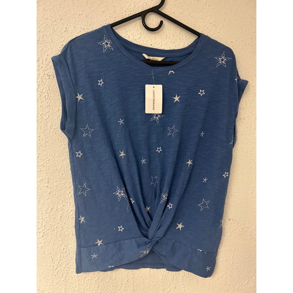 Lucky Brand Women Blue Star Embroidered Twist Front Knit Top Tee Short Sleeve